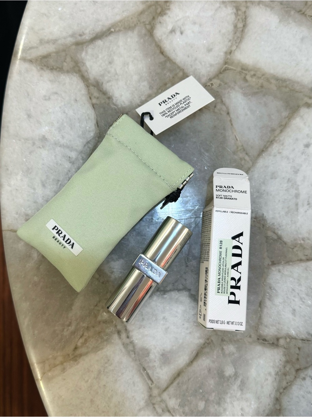Prada Monochrome Lipstick R128 with Light Green Pouch